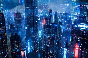 Wall Mural - A view of a futuristic city at night with skyscrapers lit up by colorful holographic displays, A futuristic cityscape illuminated by holographic displays