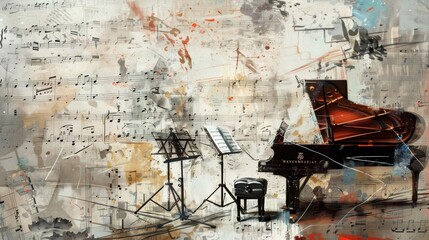 Poster - Musical notes, scores, and music stands: Ideal for promoting music courses, instrument lessons, and music stores. 