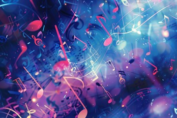 Fototapete - Colorful music notes float gracefully on a blue background, creating a whimsical and artistic scene. Generative AI