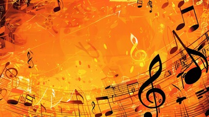 Poster - A vibrant group of musical notes harmoniously arranged on a yellow background, creating a visual symphony of music. Generative AI