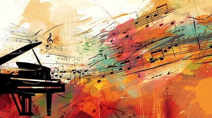 Fototapete - A colorful painting showcasing a grand piano surrounded by swirling music notes and scores, exuding a harmonious melody. Generative AI