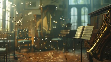 Fototapete - A diverse collection of musical instruments fills the room, creating a harmonious symphony of sound waiting to be played. Generative AI