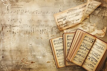 Aufkleber - A diverse assortment of aged sheet music is arranged neatly across a wooden table, showcasing a rich tapestry of musical history and notation. Generative AI