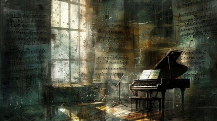 Aufkleber - A vibrant painting of a grand piano standing majestically in a cozy room, casting a beautiful melody in the air. Generative AI