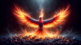 Fototapeta  - Majestic phoenix, mythical bird, rises from ashes, symbolizing rebirth and renewal.
