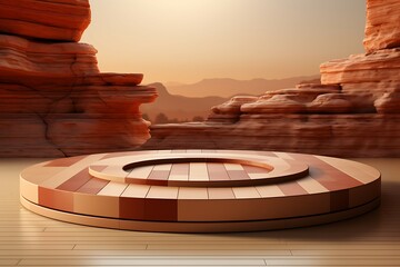 Poster - Wooden podium for product presentation in desert.