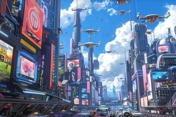 Poster - A bustling city of towering skyscrapers, futuristic architecture, flying cars, and holographic displays, A futuristic cityscape with flying cars and holographic billboards