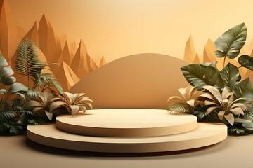 Poster - 3d render of podium for product display with monstera leaves and gold circle on golden background