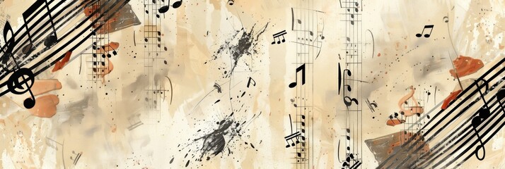 Aufkleber - A vibrant painting on a wall showcasing intricate musical notes swirling around, bringing to life the soulful melodies of various instruments. Generative AI