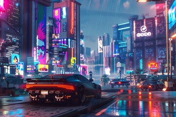 Poster - a bustling city at night with neon lights, skyscrapers, and flying cars creating a vibrant scene, a 