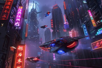 Wall Mural - The image depicts a bustling futuristic city adorned with colorful neon lights and signs, with flying cars zooming by, A futuristic cityscape with neon lights and flying cars