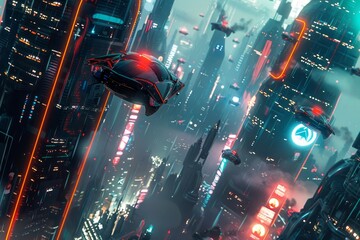 Poster - a high-tech city at night, glowing with neon lights and bustling with activity, a futuristic citysca