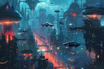 Poster - high-rise futuristic city with neon lights, towering skyscrapers, bustling streets, and flying vehic