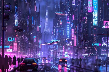 Wall Mural - A modern cityscape illuminated by neon lights under a nighttime sky, A futuristic cityscape with neon lights and flying cars