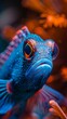 A blue fish with orange eyes is swimming in the water. Generative AI.