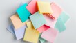 A pile of colorful post it notes on a white surface. Generative AI.