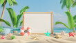 3D rendering of a white blank board mockup with beach summer elements in the background. In the style of a cartoon