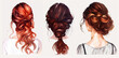 collection illustration of three beautiful hairstyles, one with long wavy red hair with braids, view from behind