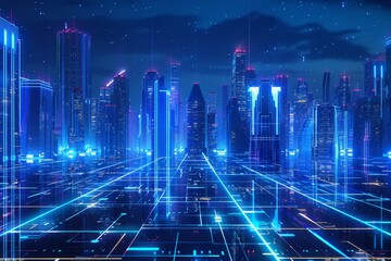 Poster - a modern city at night with vibrant neon lights illuminating sleek blue buildings, a futuristic city