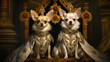 Comical dogs portrait, Animals, Chihuahua, Renaissance, Pets, Felines, Sovereign, Rich. THE CHIHUAHUA THRONE. 3d funny portrait of adorable sitting royal dogs rulers of the bizarre pets's kingdom.