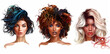 three different women with curly hair on white background, in digital art style, comic