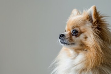 Wall Mural - A small dog with a fluffy coat and a pink nose