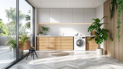 A white and wood laundry room interior with a washing machine, wooden cabinet and modern decoration elements. home. Generative AI.