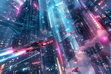 Poster - A bustling futuristic city illuminated by neon lights with a spaceship flying overhead, A futuristic cityscape with towering skyscrapers and neon lights