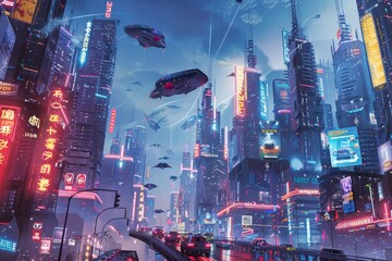 Poster - A modern city illuminated by neon lights at night, showcasing towering skyscrapers and futuristic architecture, A futuristic cityscape with towering skyscrapers and neon lights