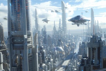 Poster - a futuristic city featuring a multitude of tall buildings reaching towards the sky, a futuristic cit
