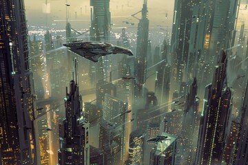 Poster - A spaceship soaring above a modern city filled with towering skyscrapers and advanced technology, A futuristic cityscape with towering skyscrapers and neon lights
