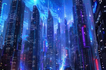 Poster - a city at night filled with neon lights, showcasing towering skyscrapers and a modern urban landscap