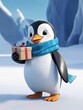 A funny cartoon penguin in a Santa hat celebrates Christmas in the cold, snowy Arctic