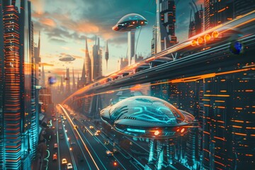 Poster - Spaceship Flying Over Futuristic City, A futuristic city skyline with holographic projections and flying cars zipping through the air