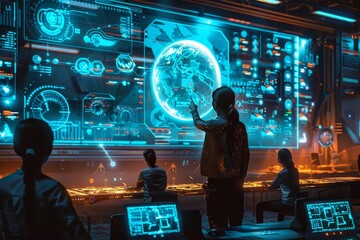 Poster - Group of People Standing in Front of Laptops, A futuristic classroom scene with holographic displays and interactive learning tools