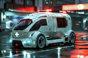 Wall Mural - A futuristic car with sleek design and neon lights drives down a city street at night, A futuristic concept design for an ambulance