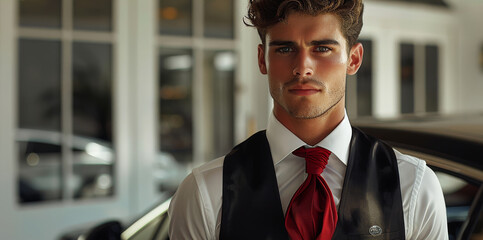 Poster - Elegant valet guy wearing black vest with red tied in his chest, background is white. Generative AI.