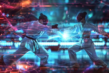 Two men standing side by side in a martial arts competition setting, A futuristic depiction of a martial arts competition using advanced technology