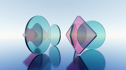 Wall Mural - modern 3d design: transparent discs and square plates of colored glass rotating on mirrored surface