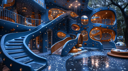 Children's amusement park, future universe science fiction theme, black, blue and white color scheme, square, slide, flying saucer, rocket, spaceship. Generative AI.