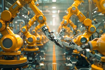 Poster - A group of robotic arms in a futuristic factory is in motion along a conveyor belt, A futuristic factory filled with robotic arms assembling complex machinery