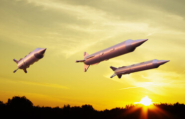 Wall Mural - Missiles fly to the target. Missiles against the sunset. Missile defense. 3d-rendering