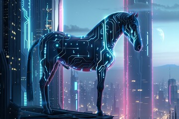 Wall Mural - A futuristic horse with metallic skin standing in the center of a bustling city street, A futuristic horse with metallic skin and glowing circuit patterns, standing proudly among skyscrapers