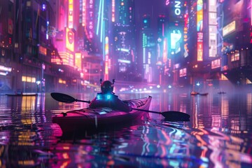 Sticker - A person paddling a kayak in a city environment during nighttime, A futuristic interpretation of a kayak floating through a neon-lit cityscape