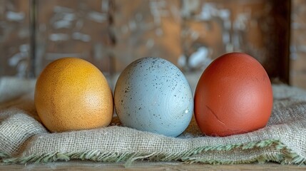 Wall Mural -   Three eggs resting atop burlock with an orange and blue egg nearby