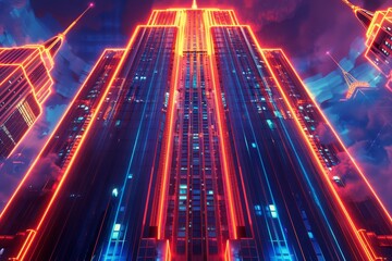 Poster - A very tall building lit up with vibrant neon lights towering over the cityscape, A futuristic interpretation of the Empire State Building with glowing neon accents