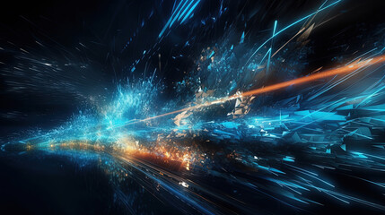 Poster - Abstract technology burst with glowing wires and particles in motion. Technology and science dynamic background.