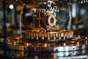 Poster - Detailed view of clock gears in motion, showcasing intricate mechanical workings and precision, A futuristic machine capable of processing complex calculations at quantum speed