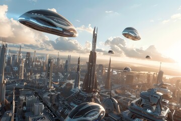 Poster - A futuristic cityscape featuring sleek metallic buildings with flying saucers hovering in the sky, A futuristic metropolis with sleek, metallic buildings and flying cars zooming overhead