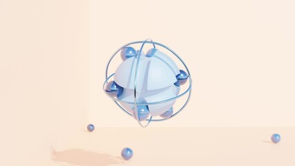 Wall Mural - abstract 3d motion graphic: cyan ball with grooves in metal circular cage. smaller blue balls rollin